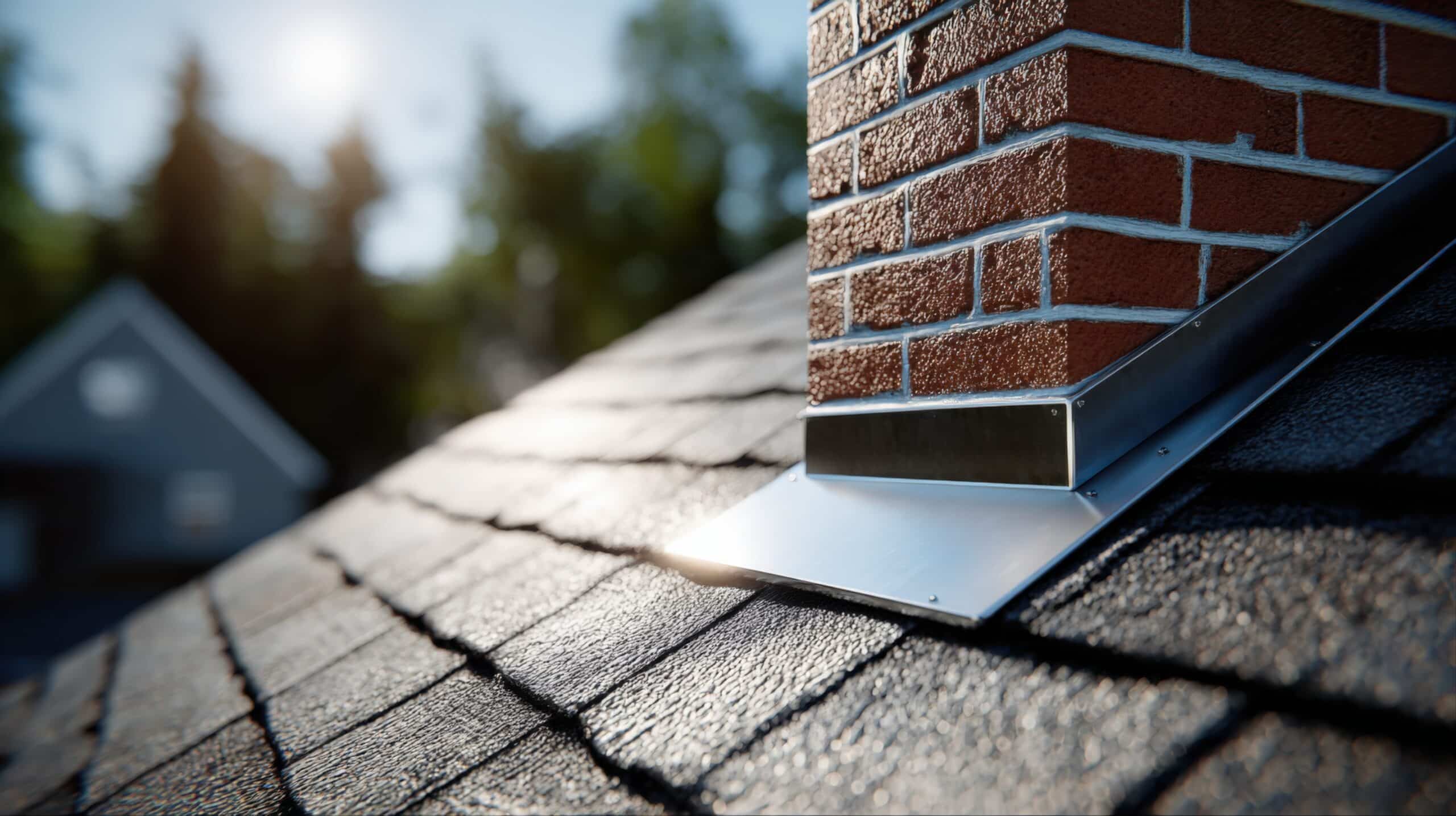 Chimney on Tiled Roof with Flashing, Featuring a Red Brick Stack, on a Sunny Day